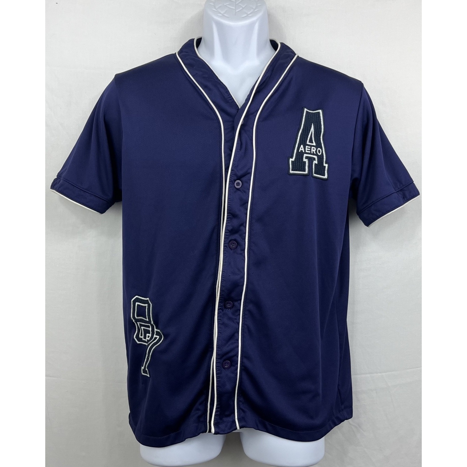 Guc Aeropostale Mens Blue Mesh Baseball Jersey Aero 87 Graphic Button Up Size M